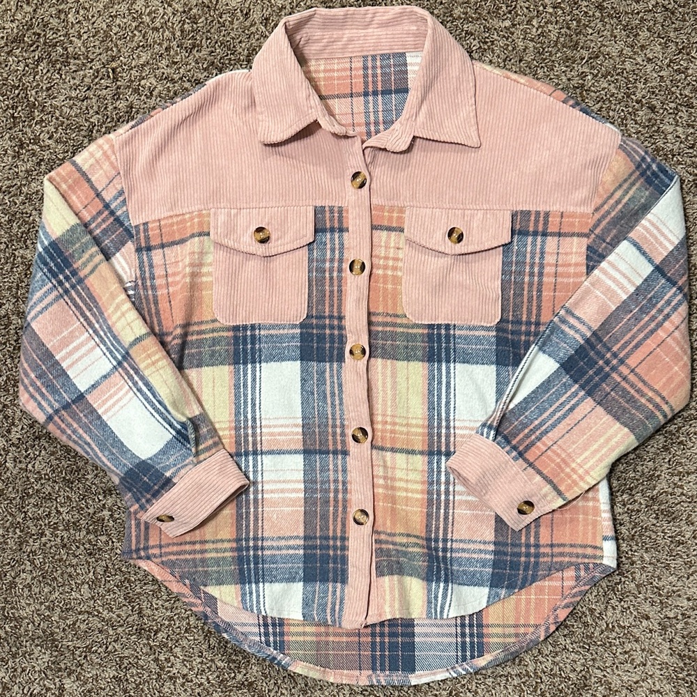 Plaid Button-Up Jacket in Pink and Blue
